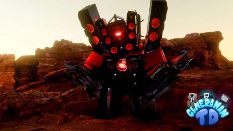 Official promotional artwork: a red speaker titan above a rocky sunset battlefield with the Cameraman Tower Defense title